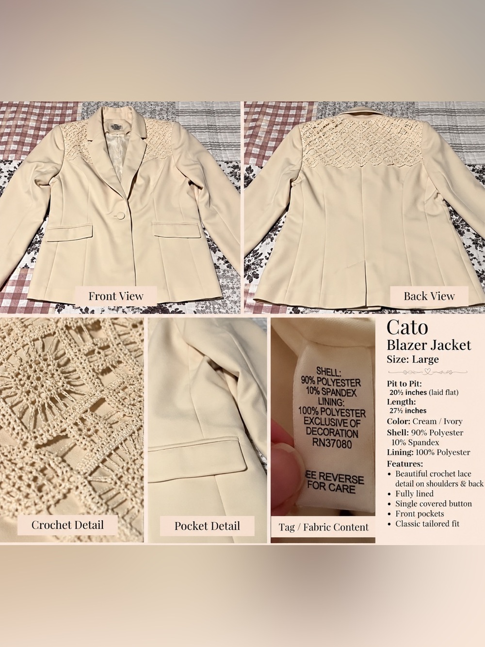 Cato Cream Crochet Lace Blazer Jacket Size Large